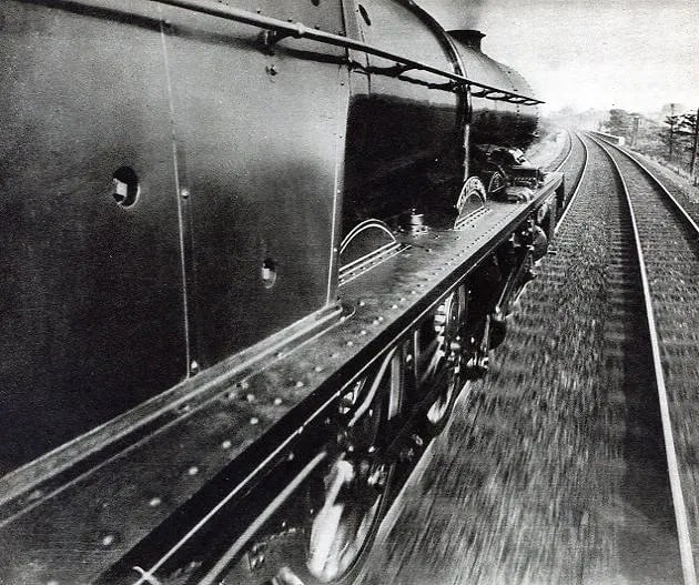 Times Of London - "From The Footplate @65 Mph": Vintage Photogravure from the 1930s. A dynamic action study of British rail. Image size: approx. 8" x 10"., Mounted to archival board