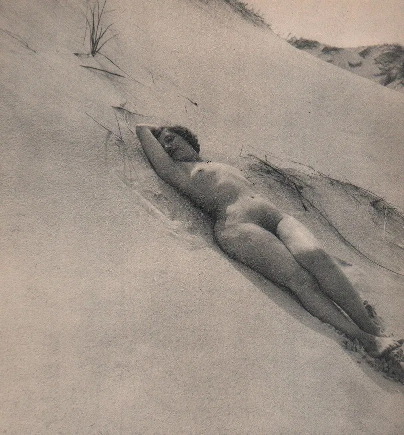 Fraprie, Frank R - Dune Nude: Vintage Photogravure from the 1930s. A classic pictorialist landscape/nude blend. Image size: approx. 6.5" x 8.5"., Mounted to archival board