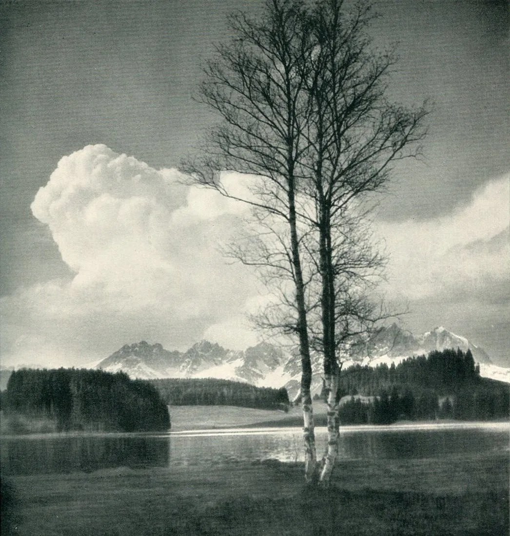 Koppitz, Rudolf - Schwarzsee Lake, Tyrol: Vintage Photo Engraving printed in 1937. A masterful atmospheric landscape from the Austrian Tyrol. Image size: approx. 9" x 11.5"., Mounted to archival board