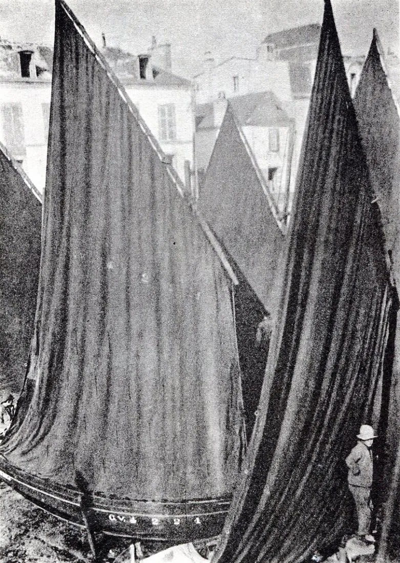 Weston, Delight - Sails: Vintage Sheet-fed Gravure. A high-contrast nautical study focusing on geometric forms. Image size: approx. 8" x 11"., Mounted to archival board