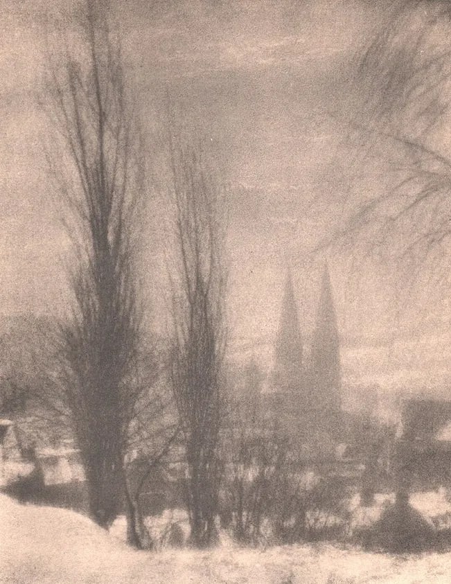Archer, Charles K - Twin Spires: Vintage Sheet-fed Gravure. A pictorialist architectural study with dramatic lighting. Image size: approx. 8" x 10"., Mounted to archival board
