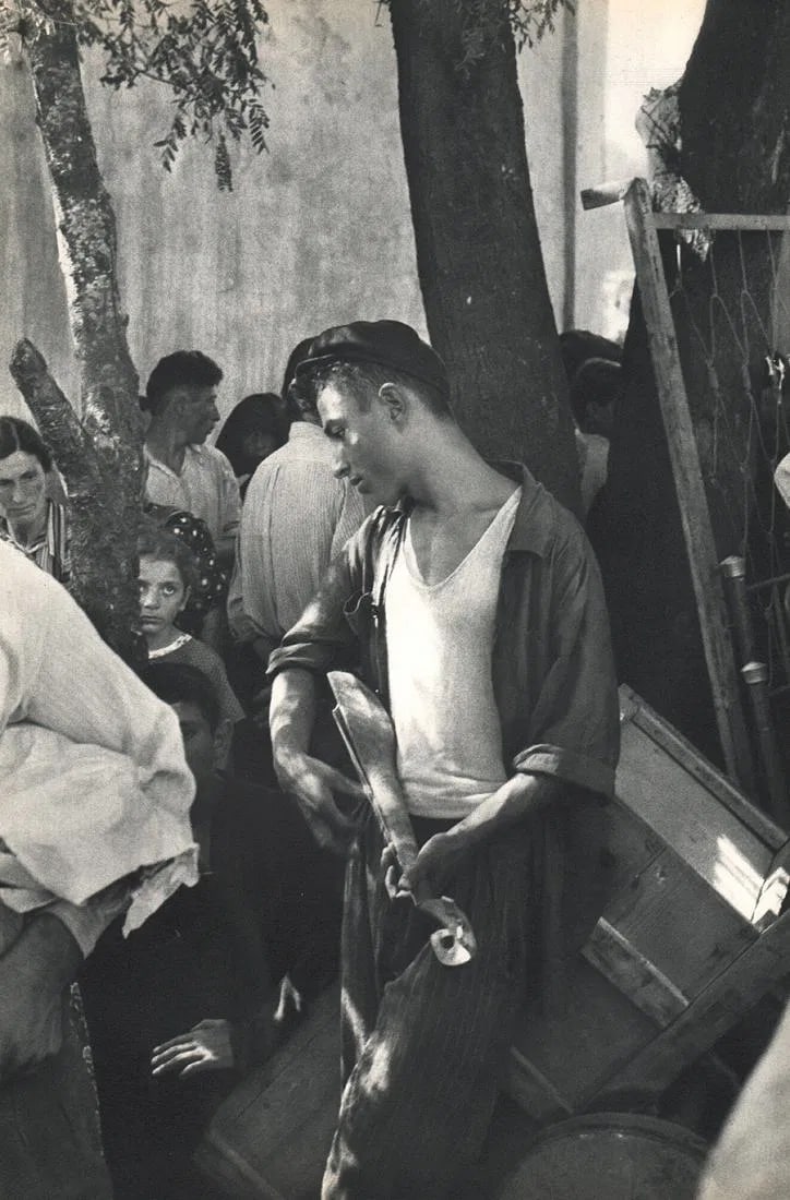 Cartier-Bresson - Music At Market, Zugdidi USSR: Vintage Sheet-fed Gravure printed in 1955. A rare look into life behind the Iron Curtain. Image size: approx. 9" x 13.5"., Mounted to archival board