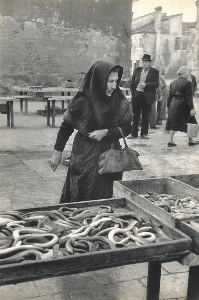 Cartier-Bresson - Island Of Burano, Venice Italy: Vintage Sheet-fed Gravure printed in 1955. A scenic capture of the colorful Venetian island. Image size: approx. 9" x 13.5"., Mounted to archival board