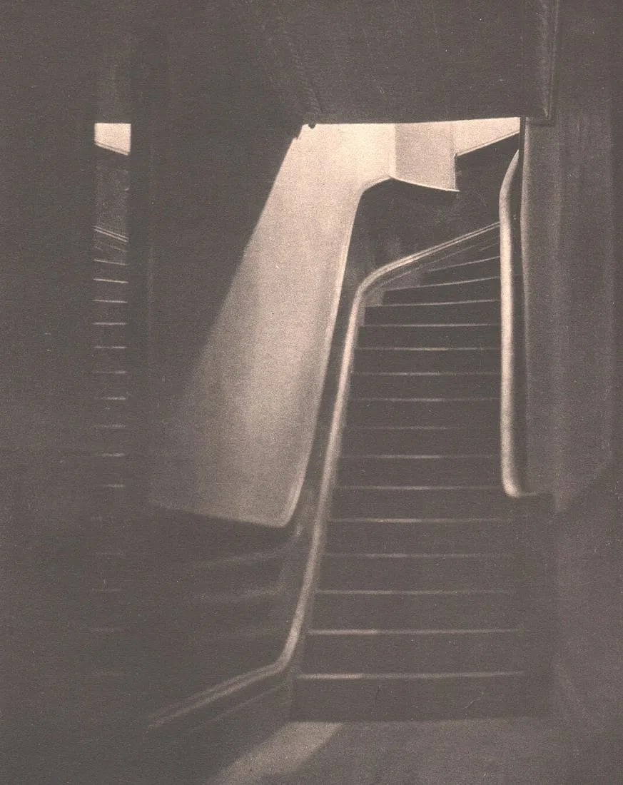 Waida, Robert - Stairway, Night: Vintage Sheet-fed Gravure. A film-noir style architectural study of light and shadow. Image size: approx. 8" x 10.5"., Mounted to archival board