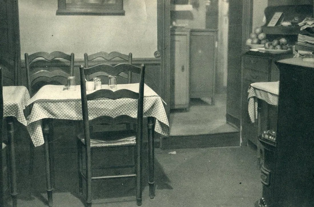 Krull, Germaine - Montmarte - Restaurant: Vintage Sheet-fed Gravure. An intimate look at Parisian cafe culture. Image size: approx. 7.5" x 9.5"., Mounted to archival board