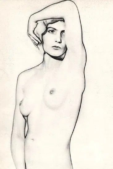 Man Ray - Solarized Nude (Natacha): Vintage Sheet-fed Gravure printed in 1934. A surrealist masterpiece using the Sabattier effect. Image size: approx. 8.5" x 11"., Mounted to archival board