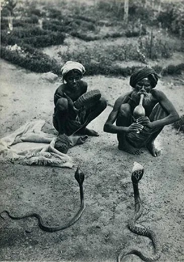 Fouquet, Gaetan - Snake Charmers: Vintage Sheet-fed Gravure from the 1930s. Ethnographic documentation of street performance. Image size: approx. 8.5" x 11"., Mounted to archival board