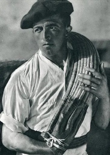 Jose Ortiz Echague - Basque Ball Player: Vintage Carbon Print Gravure. Powerful ethnographic study from Spain. Image size: approx. 8" x 10.5"., Mounted to archival board