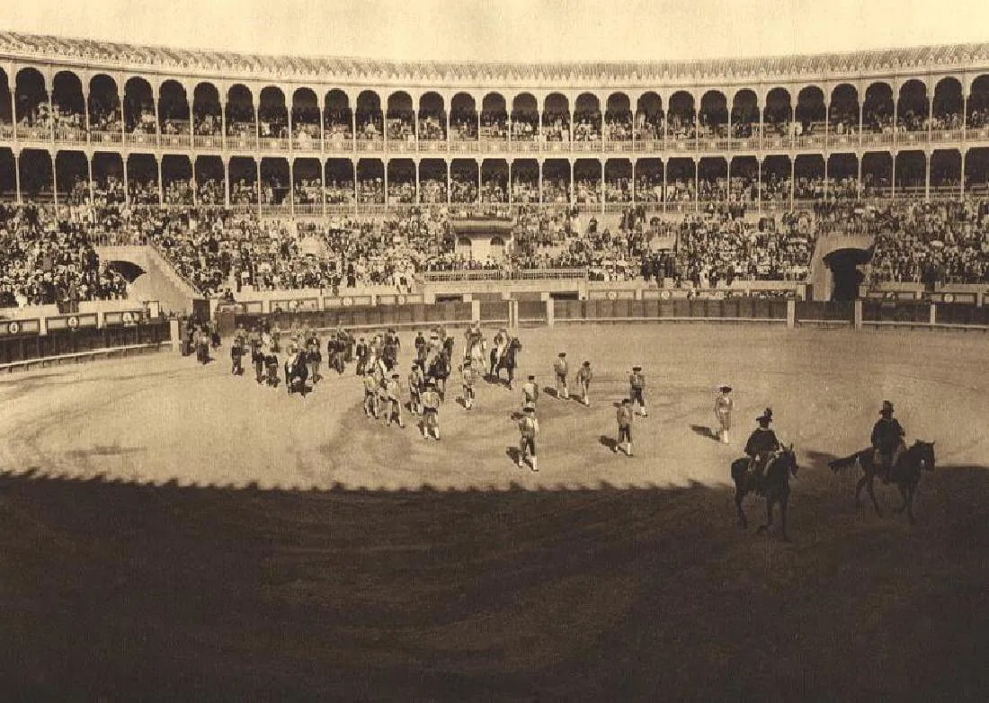 Kurt Hielscher - Bullfighters In The Madrid Arena: Vintage Photogravure printed in the 1920s. Dramatic Spanish tradition. Image size: approx. 7" x 9"., Mounted to archival board