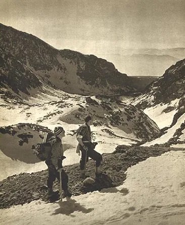 Vilem Heckel - Hikers At Valley In High Tatras: Vintage Sheet-fed Gravure. Grand Alpine landscape from the Czech master. Image size: approx. 9" x 12"., Mounted to archival board