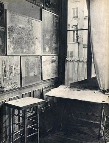 Rogi Andre - Artist's Room: Vintage Sheet-fed Gravure. Quiet interior study from the 1930s. Image size: approx. 8" x 10.5"., Mounted to archival board
