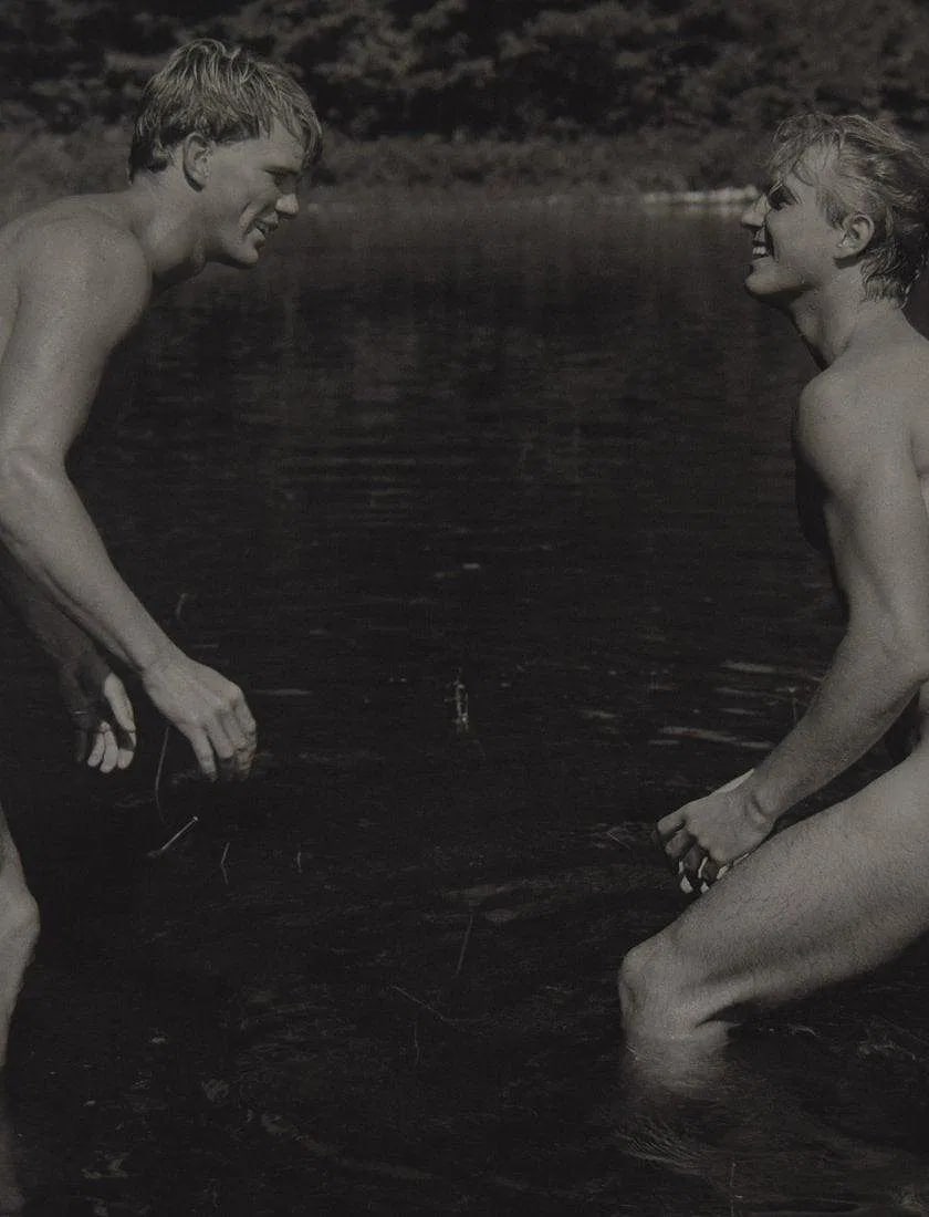 Bruce Weber - Christian and Jason, Bear Pond, 1989: BRUCE WEBER (b. 1946), Christian and Jason, Bear Pond, Adirondack Park, 1989, Sheet-fed gravure c. 1990, Printed in United States of America, 9 3/8" x 7 1/4", Mounted to archival board