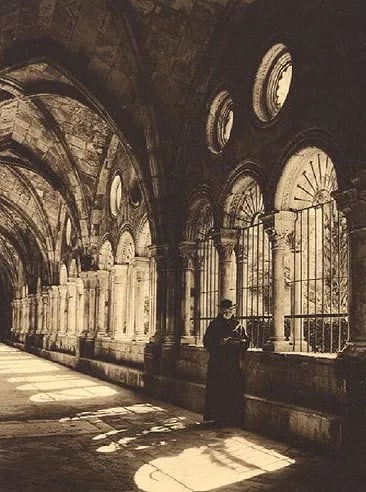 Kurt Hielscher - Cathedral Cloisters. Tarragona: Vintage Photogravure printed in the 1920s. Detailed Spanish architecture. Image size: approx. 7" x 9"., Mounted to archival board