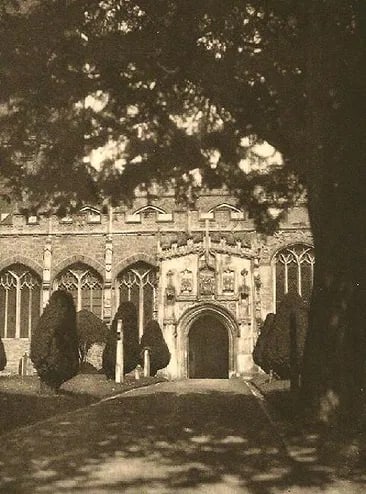E.O. Hoppe - St. Peters Church. Tiverton. Devonshire: Vintage Photogravure printed in the 1920s. English church architecture. Image size: approx. 7" x 9"., Mounted to archival board