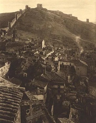 Kurt Hielscher - Albarracin: Vintage Photogravure printed in the 1920s. Historic Spanish town study. Image size: approx. 7" x 9"., Mounted to archival board