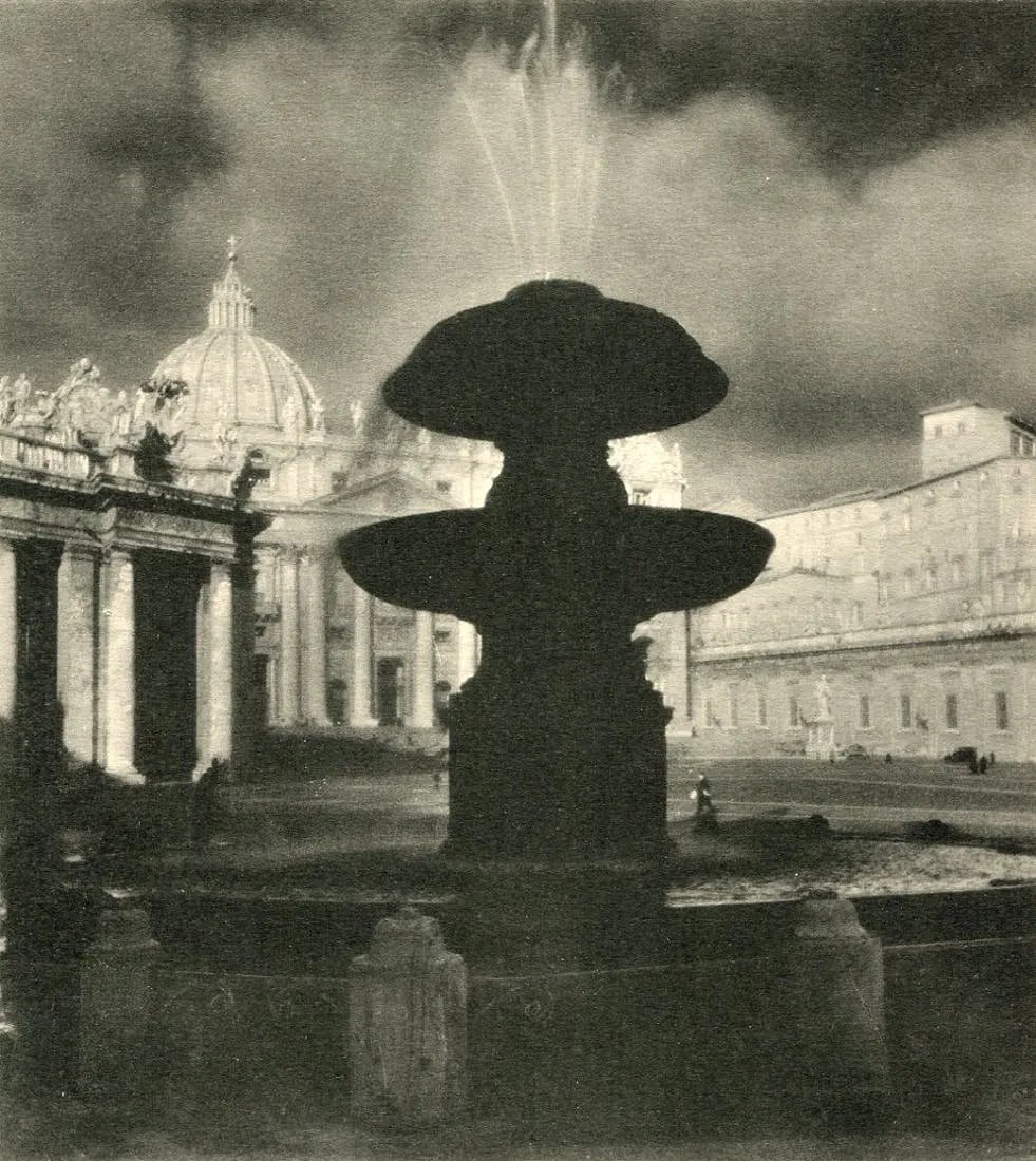 Unknown, Rome - St Peter's Basilica: Vintage Sheet-fed Gravure. Grand topographical view of the Vatican exterior. Image size: approx. 8.5" x 11.5"., Mounted to archival board