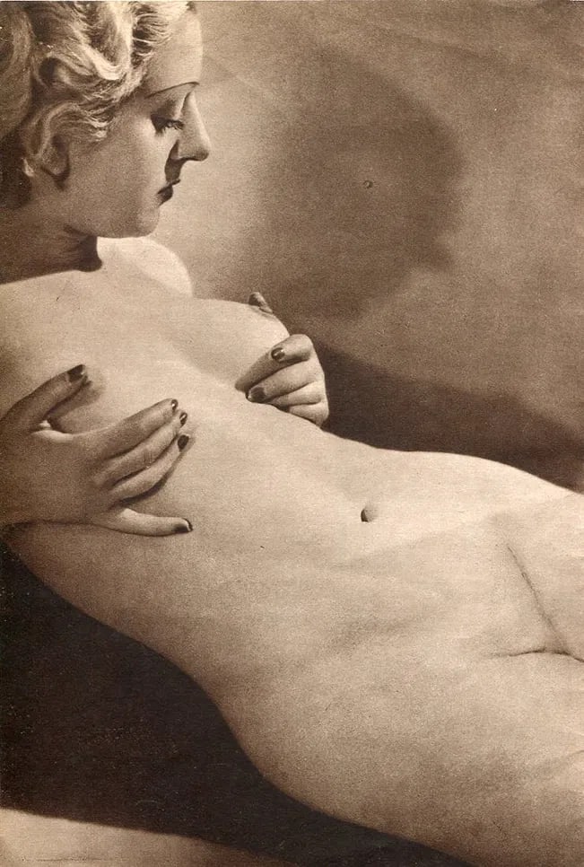Schall, Roger - Nude Study: Vintage Sheet-fed Gravure printed in 1930s Paris. Naturalistic outdoor nude. Image size: approx. 8" x 10.5"., Mounted to archival board
