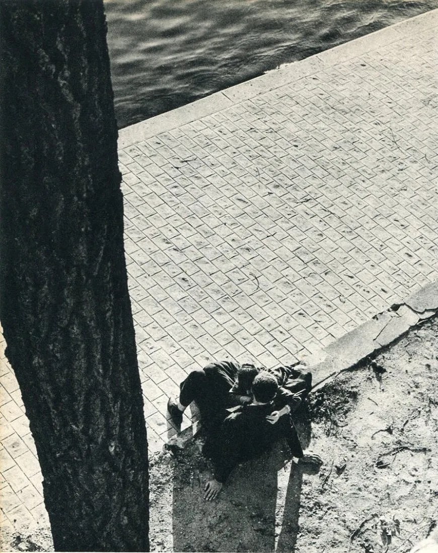 Holmiere, Jacques - Old Paris - Riverbank: Vintage Sheet-fed Gravure. Atmospheric scenic view of the Seine. Image size: approx. 8.5" x 11"., Mounted to archival board