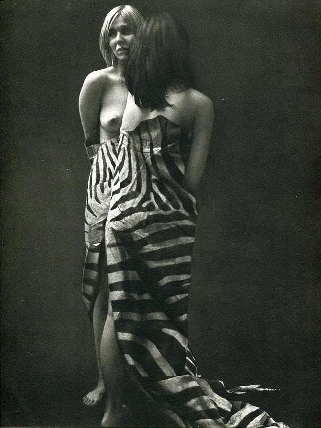 Szekessy, Karin - Nudes W/Zebra Wraps: Vintage Sheet-fed Gravure from the 1970s. Stylized figure and pattern study. Image size: approx. 9" x 12"., Mounted to archival board