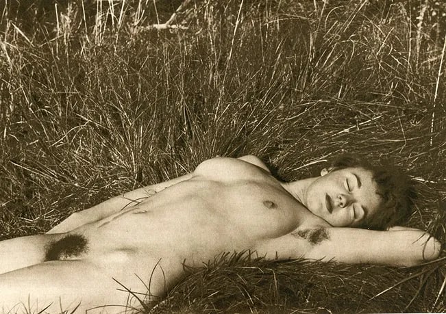 Clark, Colin R - Female Nude In The Grass: Vintage Sheet-fed Gravure. Naturalistic outdoor figure study. Image size: approx. 9" x 12"., Mounted to archival board