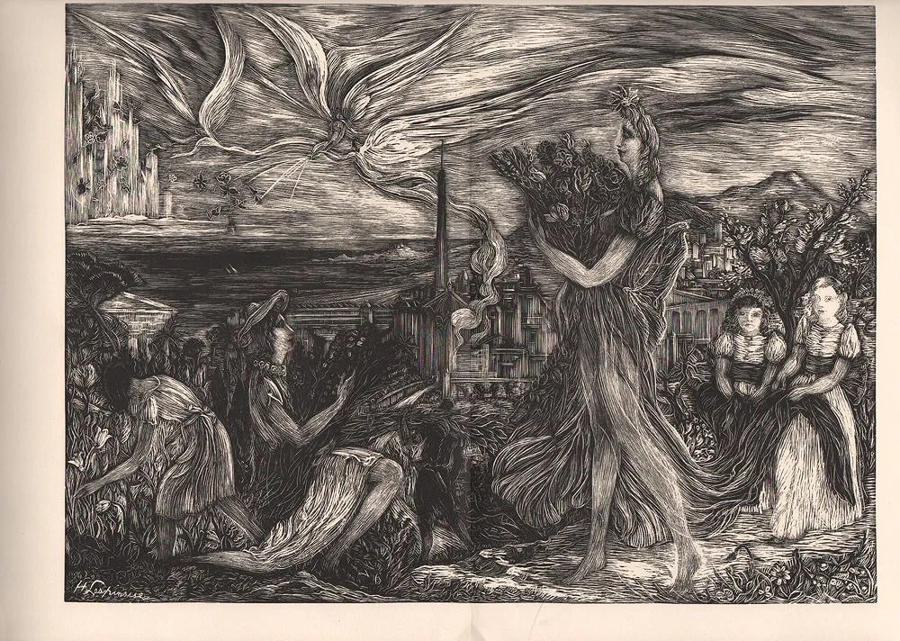 Lespinasse, Herbert - Woodcut For 39 World's Fair: Vintage Woodcut printed on paper. Commemorative graphics. Image size: approx. 8" x 10"., Mounted to archival board