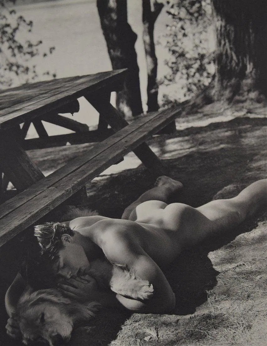 Bruce Weber - Claes and Little Bear at the Campgroud: BRUCE WEBER (b. 1946), Claes and Little Bear at the Campground on Bear Pond, Adirondack Park, 1990, Sheet-fed gravure c. 1990, Printed in United States of America, 9 3/8" x 7 1/4", Mounted to