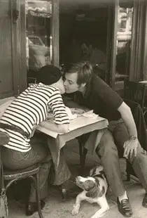 Henri Cartier-Bresson - Kiss: Vintage Sheet-fed Gravure printed in 1955. A candid "Decisive Moment" capture of a romantic embrace in Paris. Image size: approx. 10" x 13.5"., Mounted to archival board
