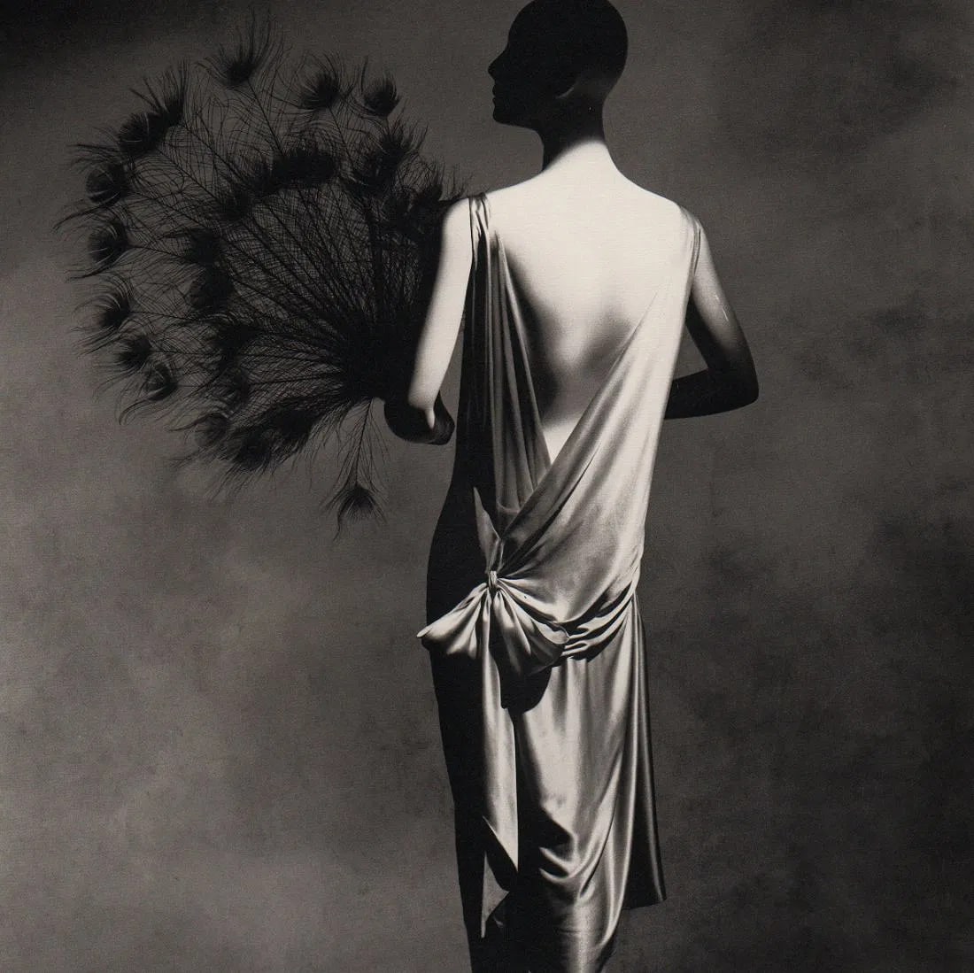 Irving Penn - Vionnet Dress W/1925 Fan: Vintage Sheet-fed Gravure printed in 1960. A masterful fashion study for Vogue. Image size: approx. 9" x 11"., Mounted to archival board