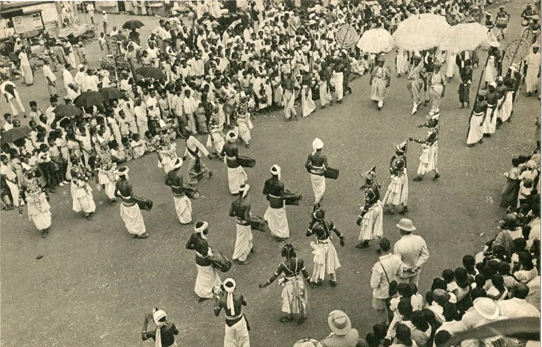 Lionel Wendt - Perahera: Vintage Photogravure printed in 1950. Documentation of the Sri Lankan festival. Image size: approx. 8" x 11"., Mounted to archival board