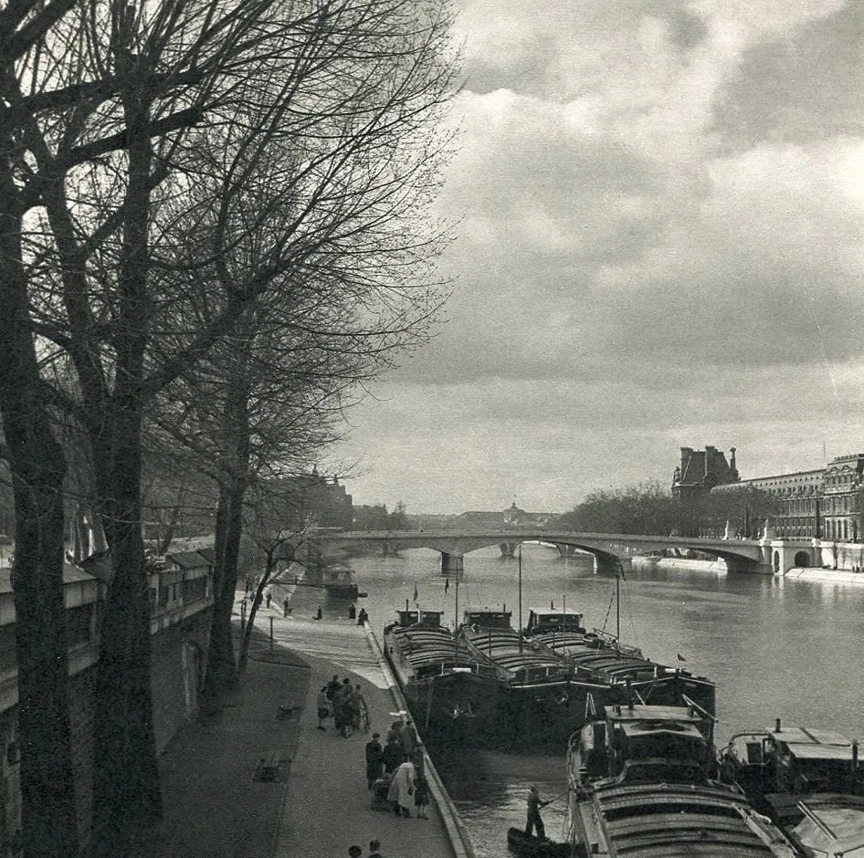 Roger Schall - Paris, La Seine - Pont Du Carrousel: Vintage Sheet-fed Gravure. Iconic view of the Parisian riverfront. Image size: approx. 8.5" x 11"., Mounted to archival board