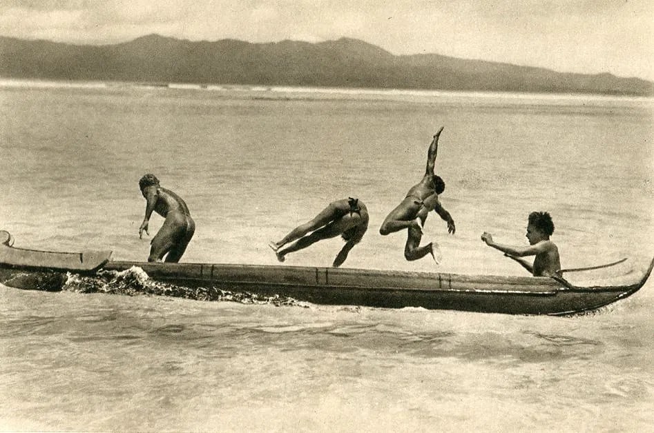 Bernatzik, H.A - Salomon Island Natives Canoe: Vintage Sheet-fed Gravure printed in the 1930s. A detailed ethnographic study of Pacific Island maritime life. Image size: approx. 8.5" x 11"., Mounted to archival board