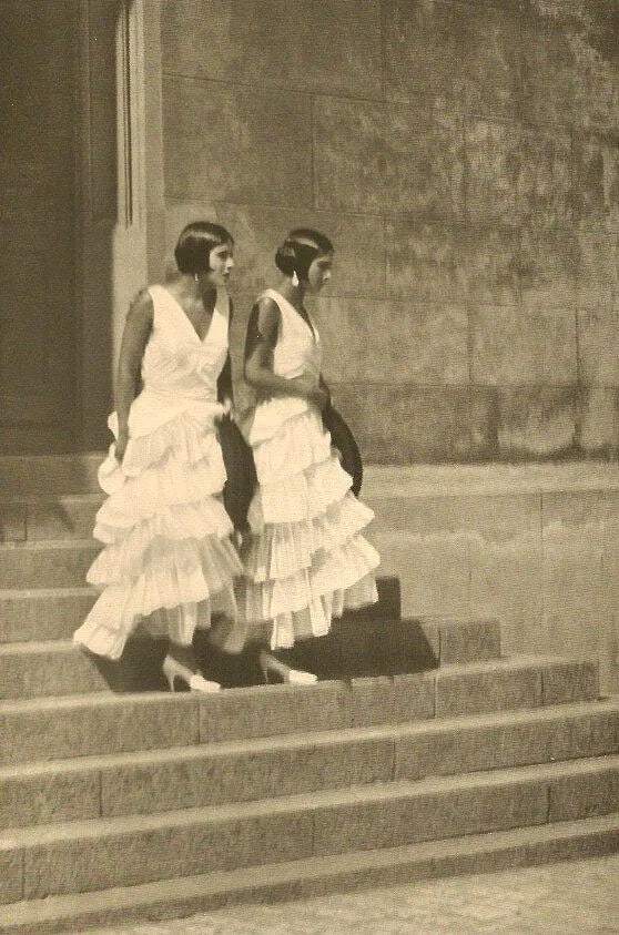 Binder, A - Two Women On Steps: Vintage Sheet-fed Gravure. A soft-focus pictorialist study of composition and light. Image size: approx. 8" x 10"., Mounted to archival board