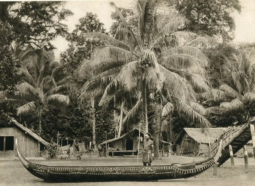 Bernatzik, H.A - Salomon Island Canoe: Vintage Sheet-fed Gravure from the 1930s. Documentation of traditional South Pacific vessel construction. Image size: approx. 8.5" x 11"., Mounted to archival board