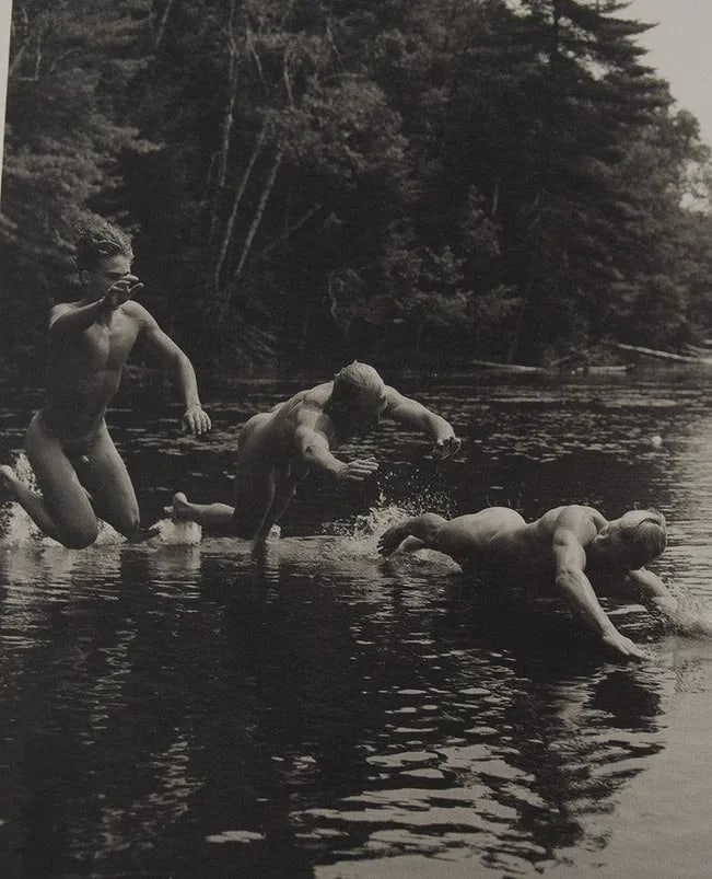 Bruce Weber - Damon, Jason and Christian, 1989: BRUCE WEBER (b. 1946), Damon, Jason and Christian, St. Regis River, Adirondack Park, 1989, Sheet-fed gravure c. 1990, Printed in United States of America, 9 3/8" x 7 1/4", Mounted to archival board