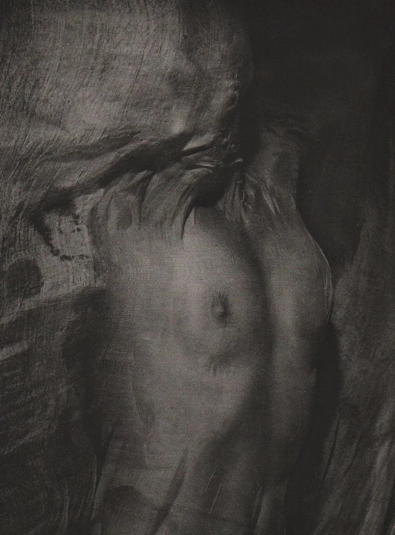 Erwin Blumenfeld - Nude Behind Wet Veil: Vintage Sheet-fed Gravure. An iconic surrealist fashion and form study. Image size: approx. 8.5" x 11"., Mounted to archival board