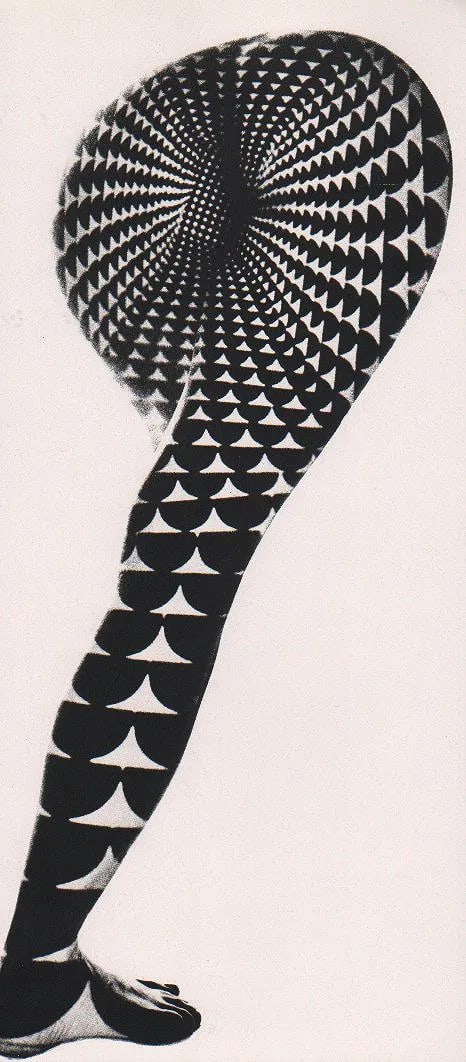 Philippe Halsman - Salute To Op-Art: Vintage Sheet-fed Gravure. An experimental portrait incorporating optical art patterns. Image size: approx. 8" x 10.5"., Mounted to archival board