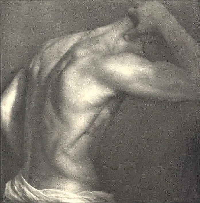 State Graphic School In Prague - Male Nude: Vintage Sheet-fed Gravure. Modernist academic study from the influential Czech school. Image size: approx. 8" x 11"., Mounted to archival board