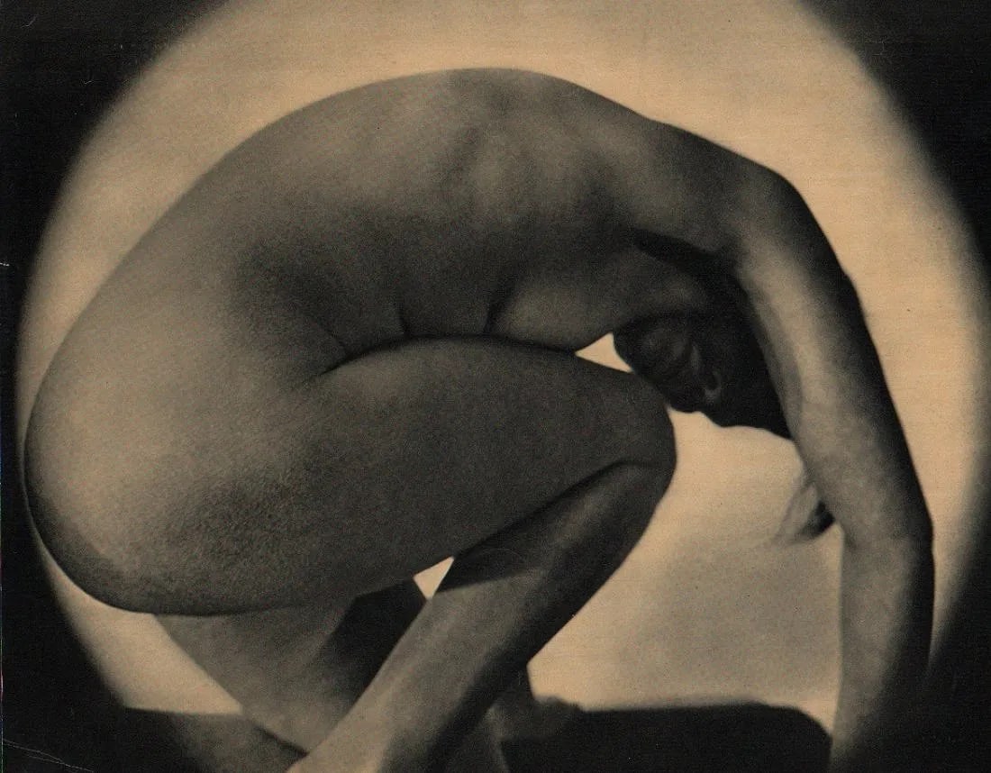 Sasha Stone - Crouching Nude: Vintage Sheet-fed Gravure from the 1930s. A seminal modernist/surrealist study. Image size: approx. 8" x 11"., Mounted to archival board