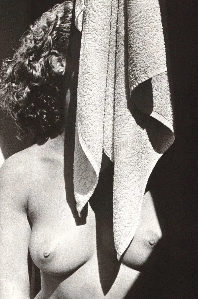 Ralph Gibson - Nude W/Towel: Vintage Sheet-fed Gravure. High-contrast study of texture and form. Image size: approx. 8" x 12"., Mounted to archival board