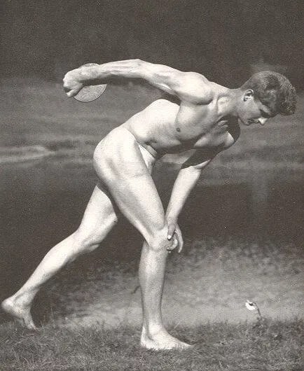 B.M. Muller - Discus Thrower: Vintage Sheet-fed Gravure. An athletic study of form and action. Image size: approx. 8.5" x 11.5"., Mounted to archival board