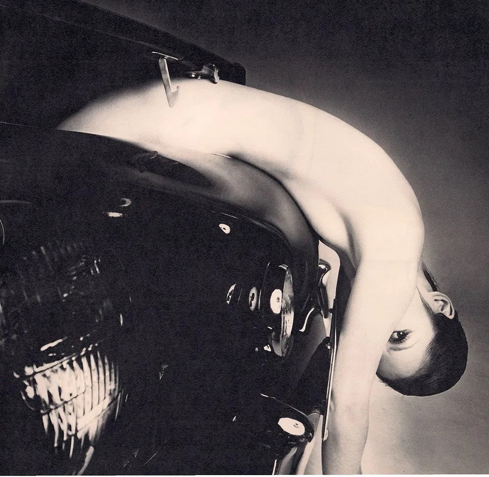 Yoshihiro Tatsuki - Nude On Car: Vintage Sheet-fed Gravure. Proactive and avant-garde composition. Image size: approx. 9" x 12"., Mounted to archival board