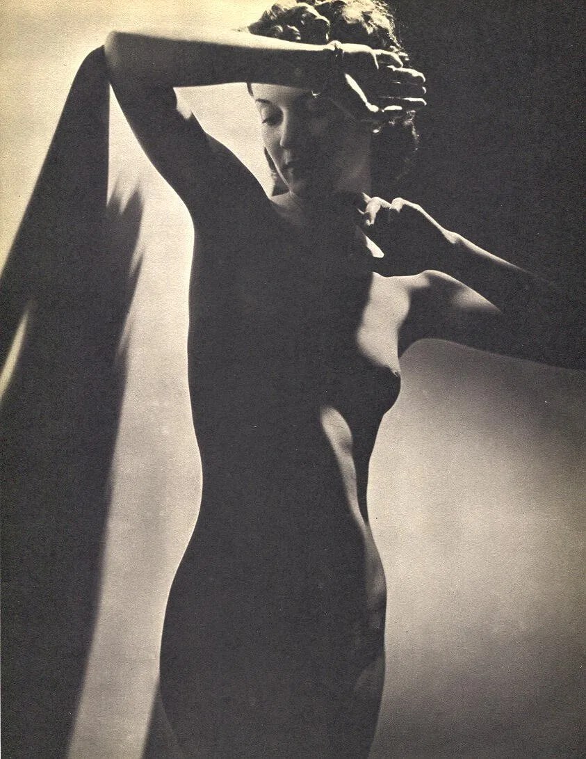 Zoltan Farkas - Nude W/Shadow: Vintage Sheet-fed Gravure. Dramatic interplay between the body and dark space. Image size: approx. 8.5" x 11"., Mounted to archival board