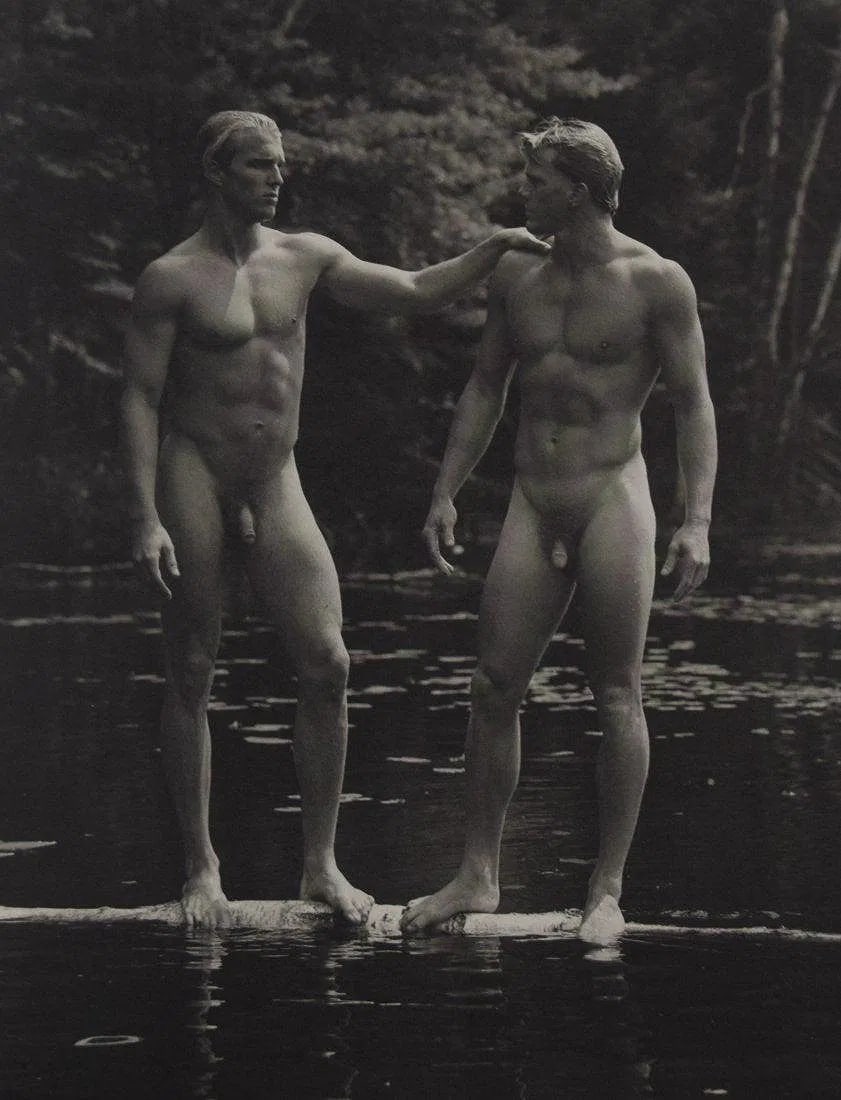 Bruce Weber - Jason and Christian, Bear Pond, 1989: BRUCE WEBER (b. 1946), Jason and Christian, Bear Pond, 1989, Sheet-fed gravure c. 1990, Printed in United States of America, 9 3/8" x 7 1/4", Mounted to archival board