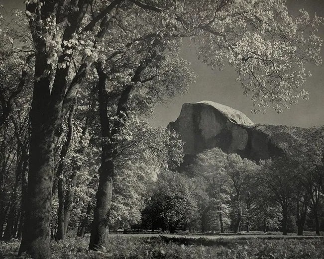 Ansel Adams - Half Dome, Autumn: ANSEL ADAMS (B.1902-1984), Half Dome, Autumn, Black and white photo on glossy paper, 7 1/2" x 9", Printed second half of 20th Century , Mounted to archival board