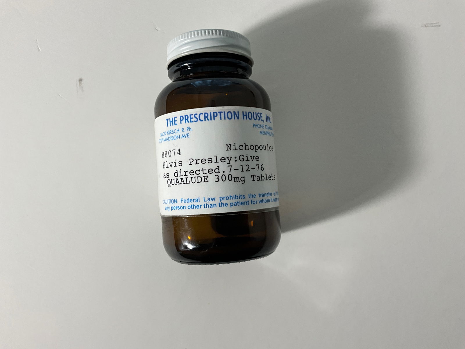 Elvis Presley QUAALUDE prescription: Measures 3 3/4 inches tall