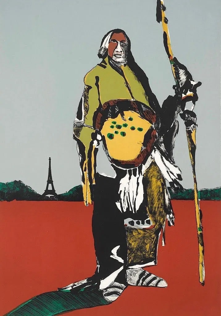 Fritz Scholder Indian in Paris: Fritz Scholder (Native American, 1937-2005) Indian in Paris, Print on woven paper, 30 x 21 inches, unsigned