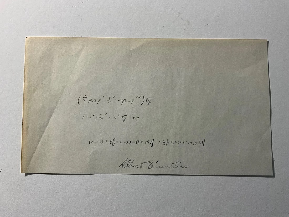 Albert Einstein hand written mathematical equation signed: Measures 9 x 5 inches, signed lower middle Albert Einstein