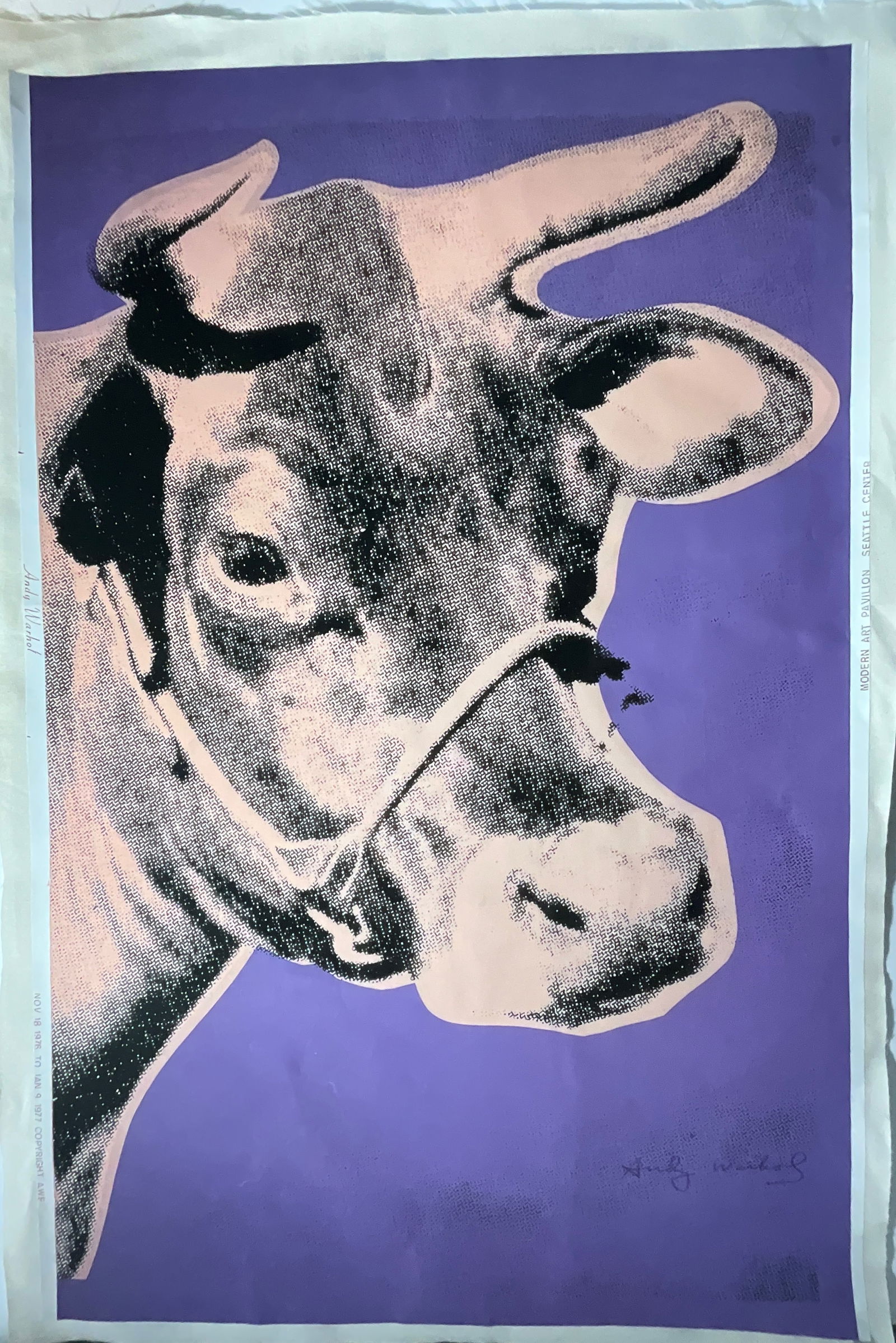 Warhol Purple Cow: Measures approx 45 x 29.5 inches, linen backed, pencil signed lower right.