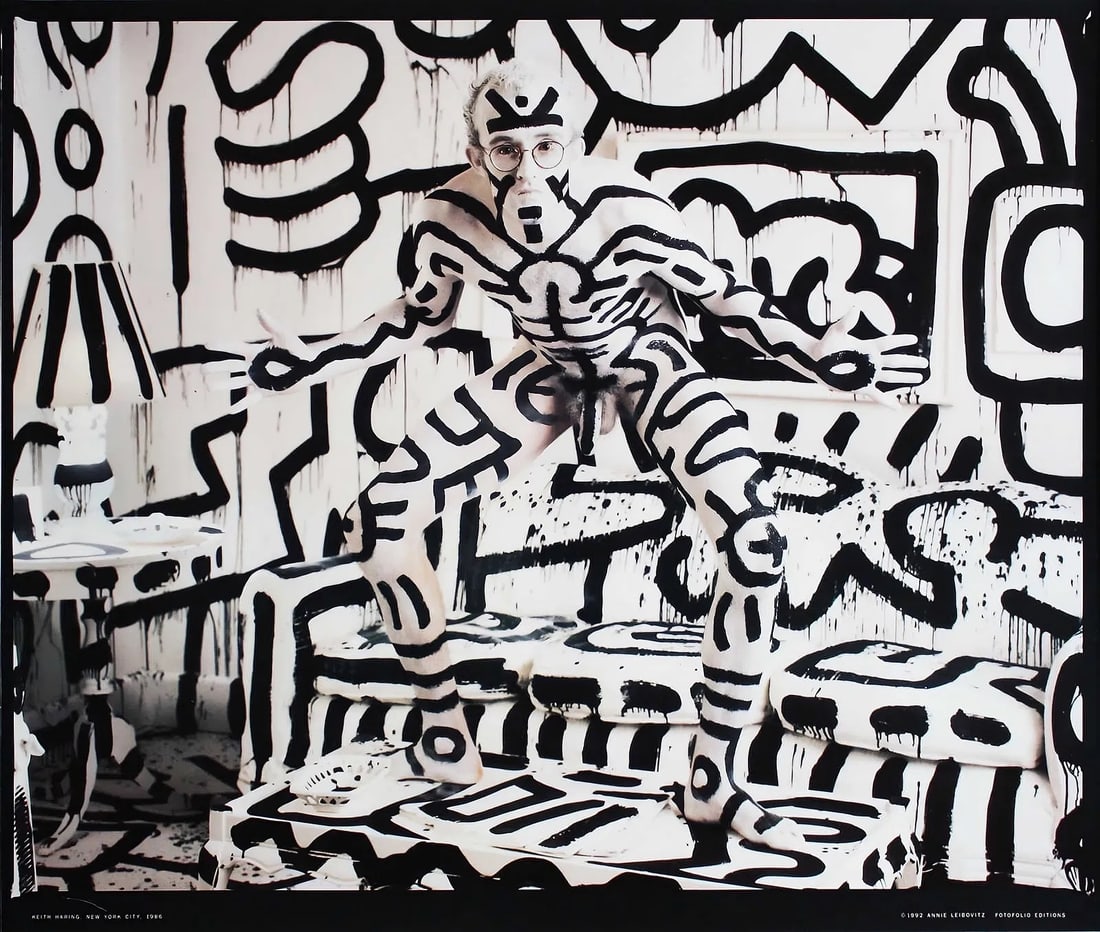 Annie Leibovitz: Keith Haring: ANNIE LEIBOVITZ (B. 1949) Keith Haring, New York City Photograph in black and white, printed later, measures 21 x 27 inches, mounted to archival board.