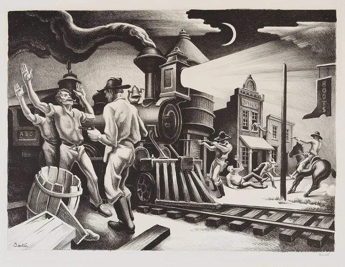 Thomas Hart Benton: Jesse James: Thomas Hart Benton (American, 1889-1975) Jesse James, After; Print on heavy paper, Signed lower side in the plate. Measures: 19 x 23 1/2 inches.